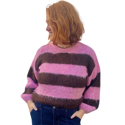 Strik bluse - Brun/rosa - Qnuz